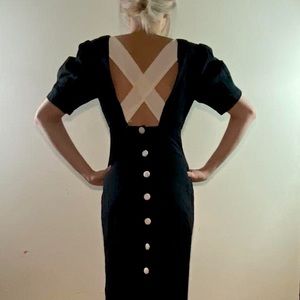 Fairweather Puffed Short-Sleeved Cross-back Black Midi Dress, Shoulder Pads